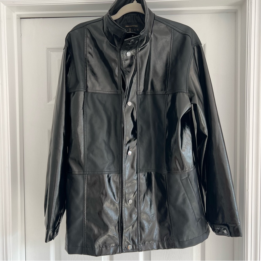 URBAN OUTFITTERS Black Faux Patent Leather Paneled Mid Length Coat Jacket M